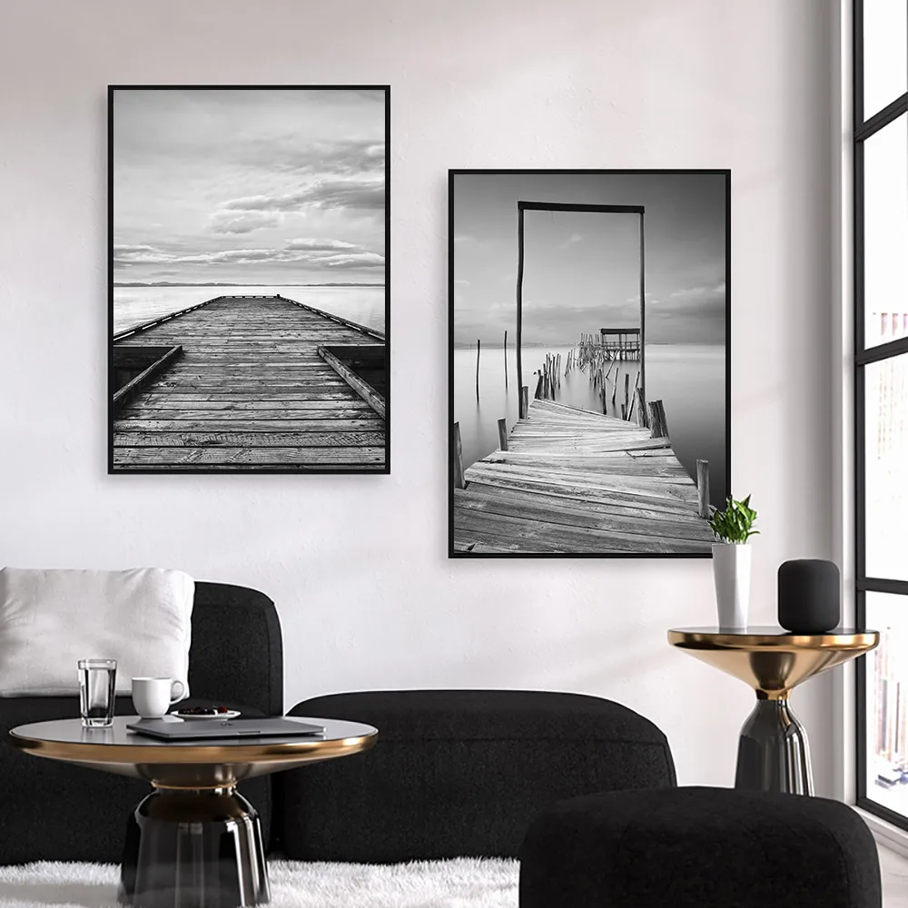 

Modern Black And White Landscape Painting Wooden Pier Bridge Art Canvas Painting Nordic Poster Picture Living Room Decoration