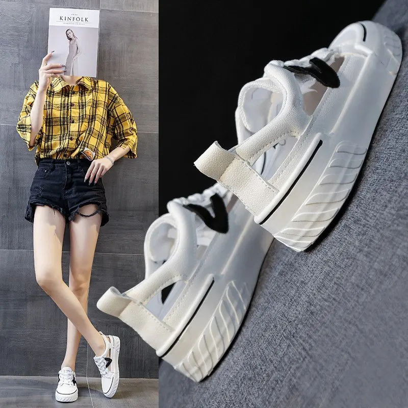

Net Red Sandals Women 2021 New Summer All-match Flat Sports Toe Cap Thick Bottom Hollow White Shoes Women's Shoes Trend