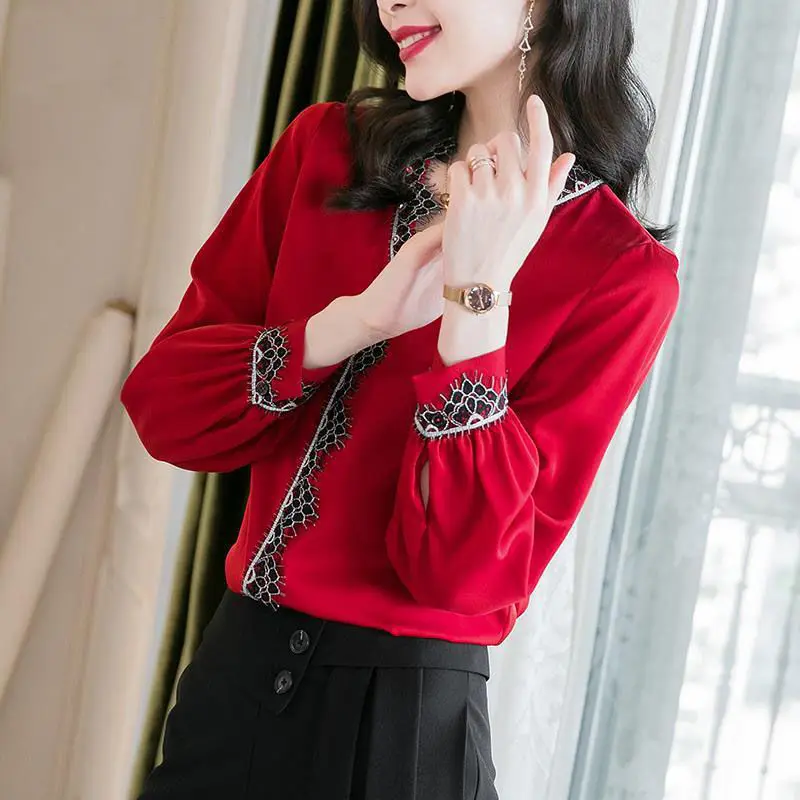 

Red imitation silk shirt women 2021 spring and autumn fashion new high-end satin lace v-neck long-sleeved top
