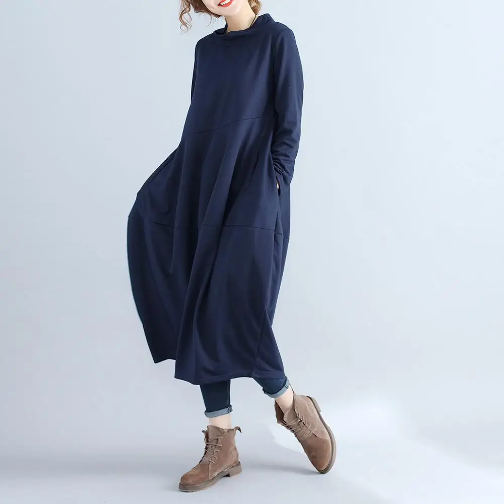 

2020 Winter Autumn Women Cotton Linen Dress Warm Long Sleeve Shirts Blouses High Neck Vintage Lantern Skirt Tunic Midi Dress