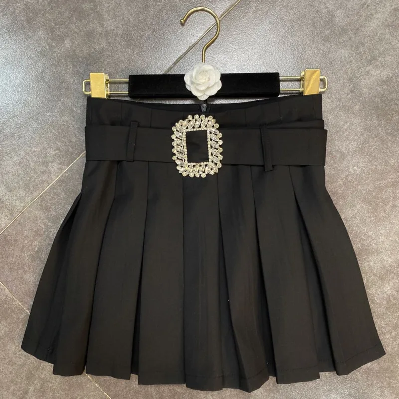 

PREPOMP 2022 Summer Diamonds Buckle Belt High Waist Short Mini Pleated Skirt Fashion GC927