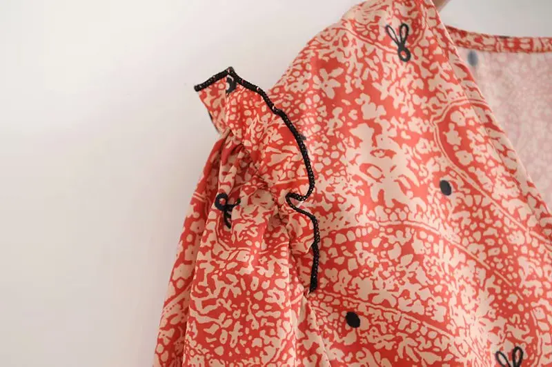 Vintage Elegant Ruffles Buttons Print Maxi Dress Women Fashion V Neck Short Sleeve Side Zipper Dresses Vestidos Mujer