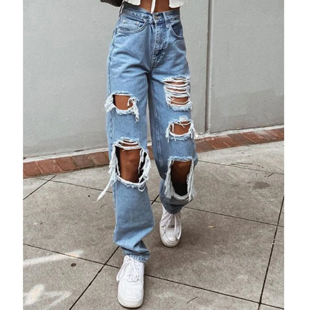 Womens Ripped Loose Fit Jeans Wide Leg For Women High Waist Blue Wash Casual Cotton Denim Trousers Summer Baggy Jean Pants 6281