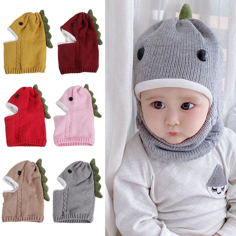 

Toddler Kids Baby Winter Knitted Balaclava Beanie Hat Cute Cartoon Dinosaur Thick Lining Thermal Full Cover Earflap Hood