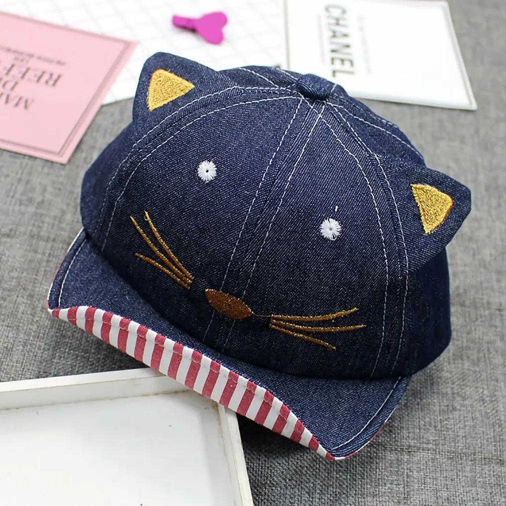 

Denim Cotton Baby Hat Ears Beard Cartoon Cat Baseball Cap Summer Autumn Embroidery Cowboy Kids Boys Girls Sun Hat