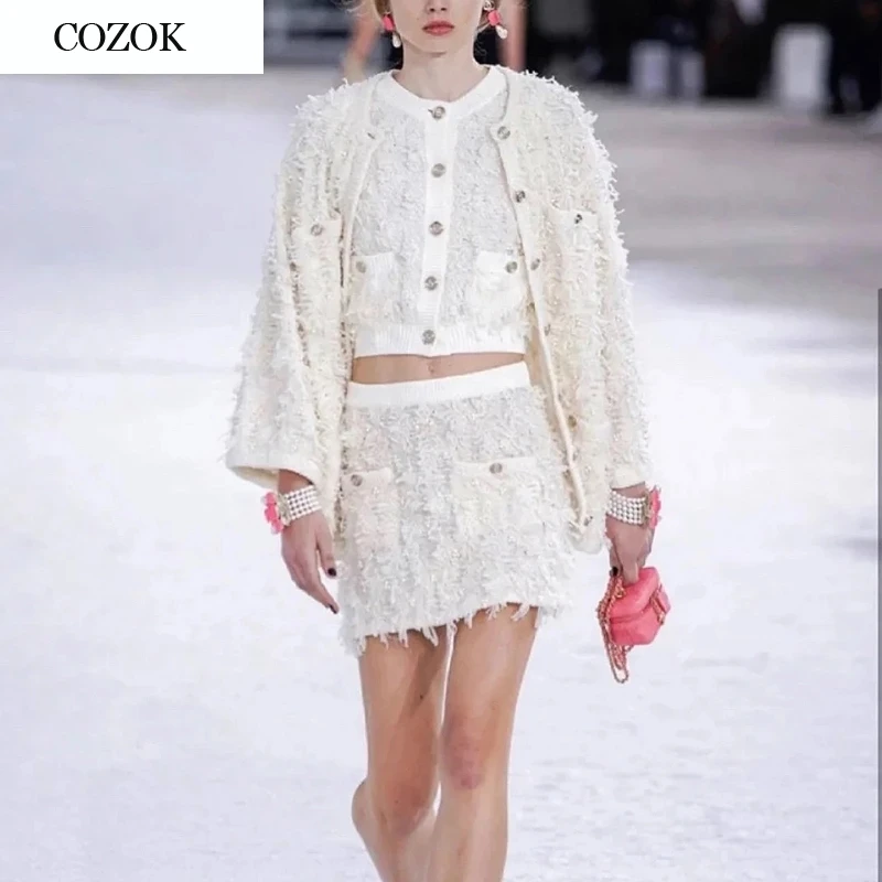 

Sweater Two Pieces Sets Women 2021 Runway Fashion High Street Button Up Elegant Knitted Vest And Midi Skirt Suit Outfits Dresses