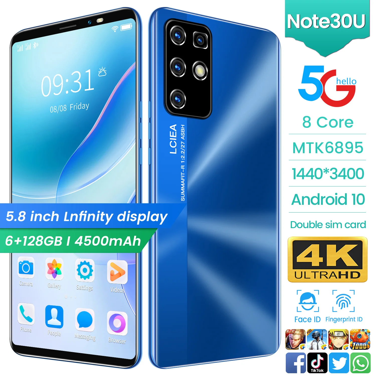 

Hot Sale Galxy NOTE30U 6GB+128GB Fingerprint ID Face Unlock 18+21MP Dual SIM Smart Phone MTK6895 Andriod 10 Cell Phones Celular