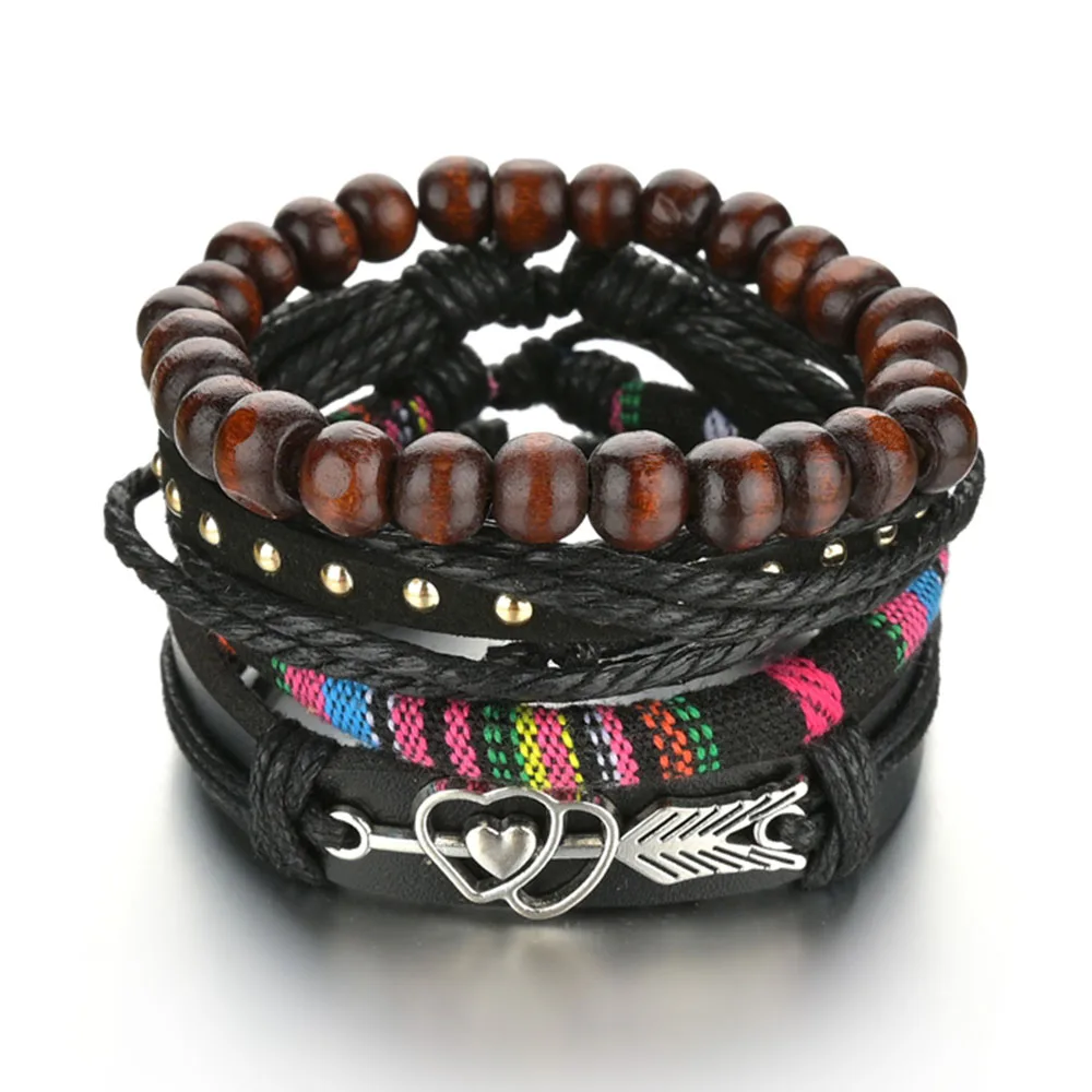 

4Pcs/Set Cupid's Love Arrow Vintage Pendant Rice Beads Adjustable Rope Chain Bracelet Punk Braided Wrap Wristbands For Men Gift