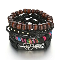 4pcsset cupids love arrow vintage pendant rice beads adjustable rope chain bracelet punk braided wrap wristbands for men gift