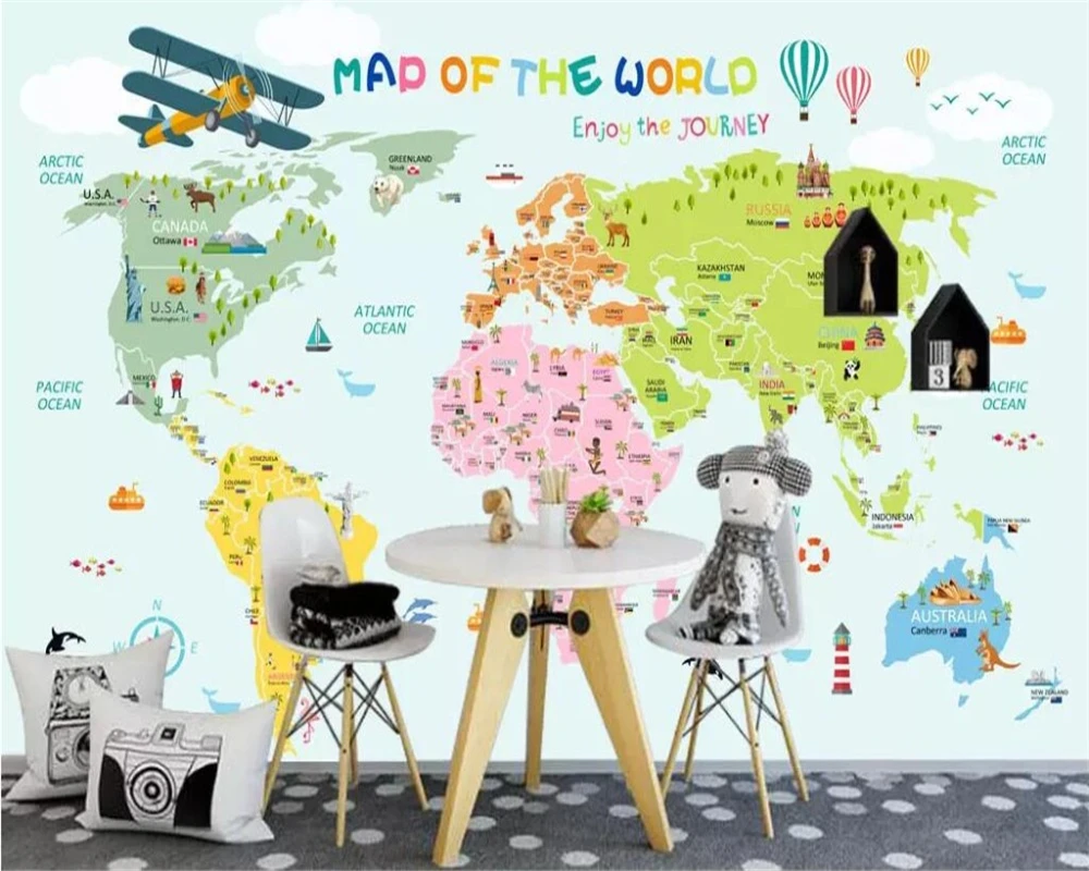

Beibehang Custom 3D Cartoon World Map Photo Mural Wallpaper Bedroom Living Room Children Room Background Wall Painting wallpaper