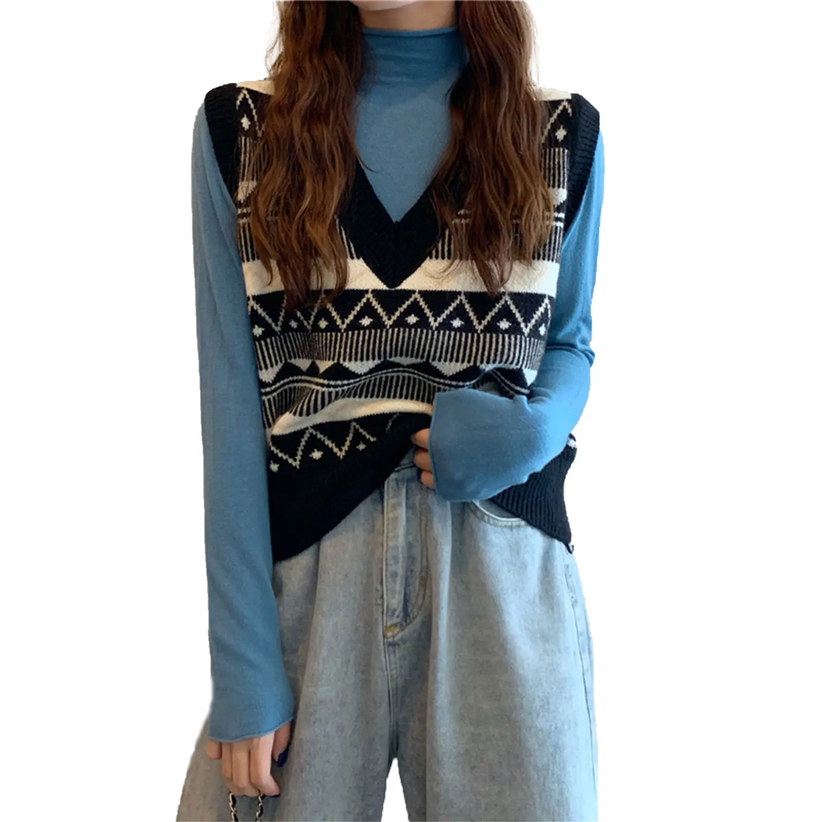

Womens V Neck Sweater Vest Vintage Casual Sleeveless Geometric Print Rib Knitted Loose Fit Top Winter Autumn Costume