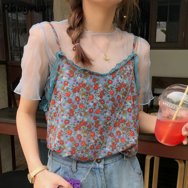 

T-shirts Women Summer Inner Sheer All-match Fashion Casual Ulzzang Sweet Short Sleeve O-neck Mesh Street Hot Girls Female Thin