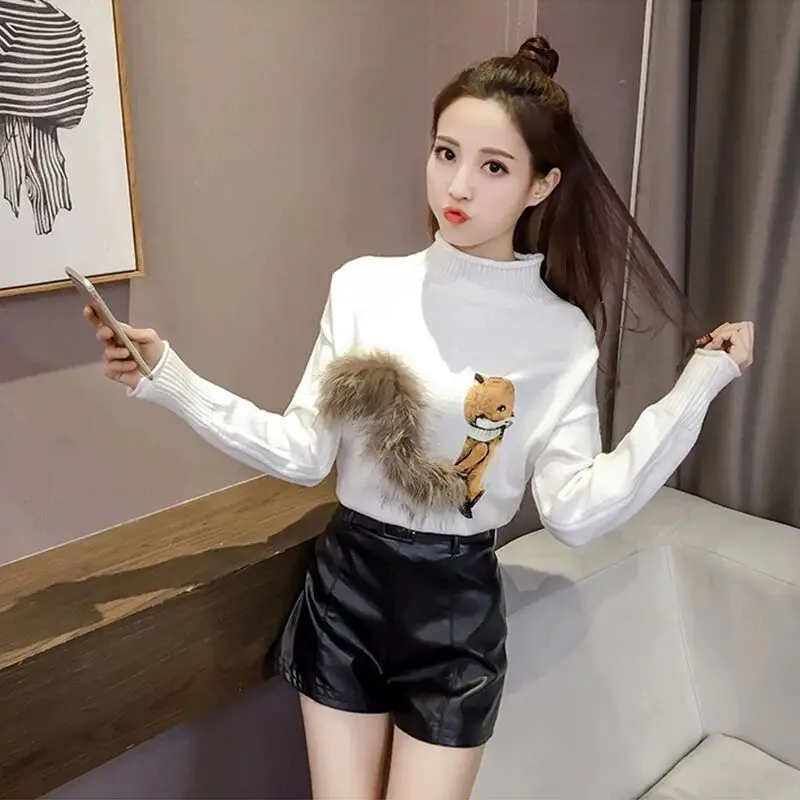 Осенний меховой свитер с рисунком лисы женский джемпер высоким воротом женские