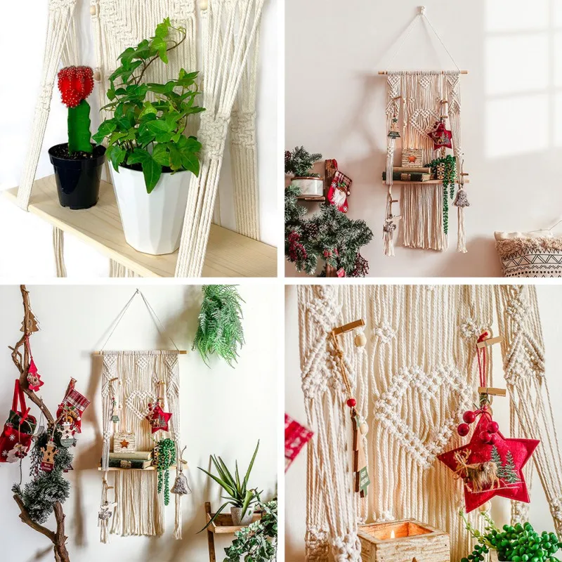 

Wooden Cotton Rope Woven Macrame Tapestry Wall Hanging Floating Shelf Boho Plants Shelf Storage Rack Home Wall Decors