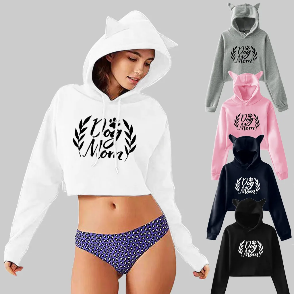 JAYCOSIN женская короткая с принтом кошачьих ушей, Повседневная рубашка с капюшоном и длинным рукавом и карманом, семь стилей на выбор, большой размер XXS-XXL