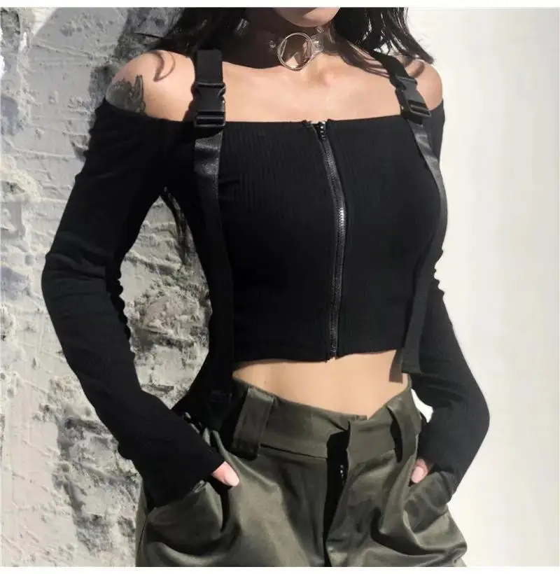 Женская футболка на одно плечо с длинным рукавом молнии | одежда