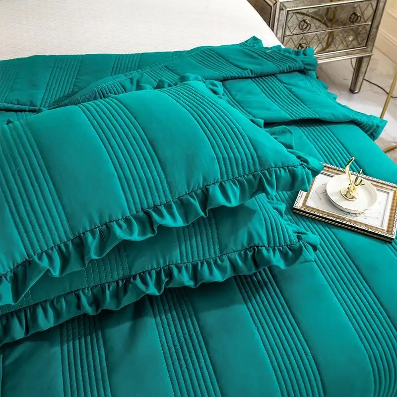 

Green Blue Soft 100% Washed Cotton Ruffle Bedspread Coverlet Bed Cover Set Blanket Summer Quilt Bed sheet Pillowcase Bedding Set
