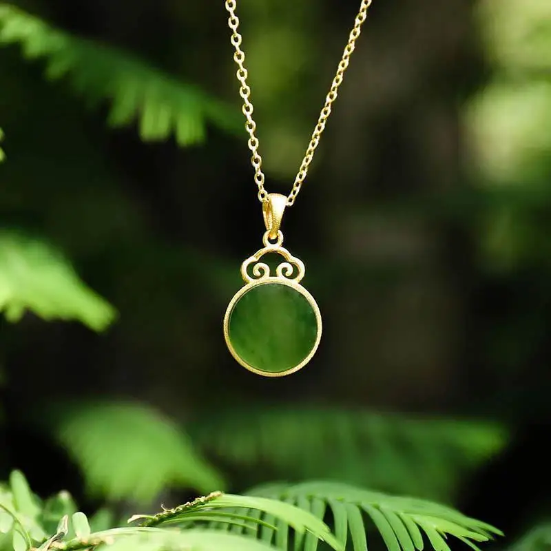 

[Bi Yue] Natural Hetian Jade Green Jade Women's Pendant 925 Silver round Jade Silver Necklace Classical Simplicity