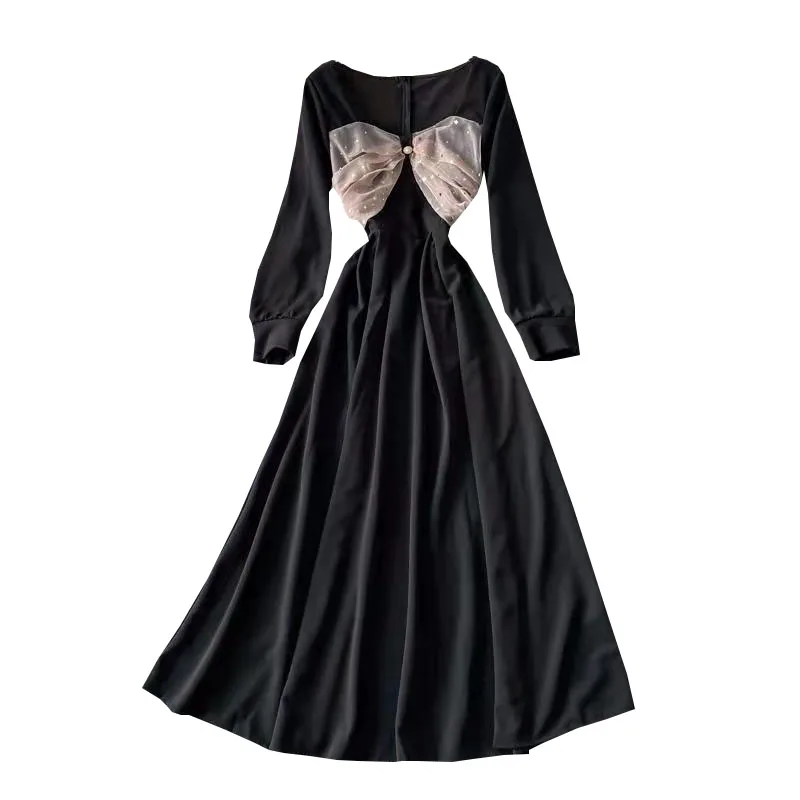 

Banquet evening dress new noble elegant sexy square collar temperament long host waist swing dress