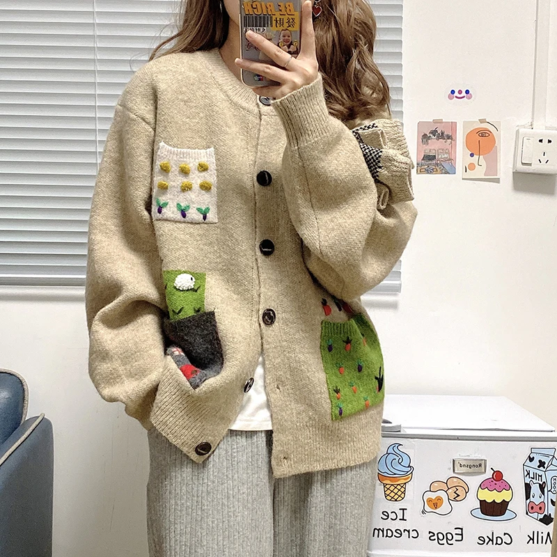 

Autumn Harajuku Knit Cardigan Women O-Neck Single Breasted Long Sleeve Casual Patchwork Sweater Street Vintage Jumper Loose Tops