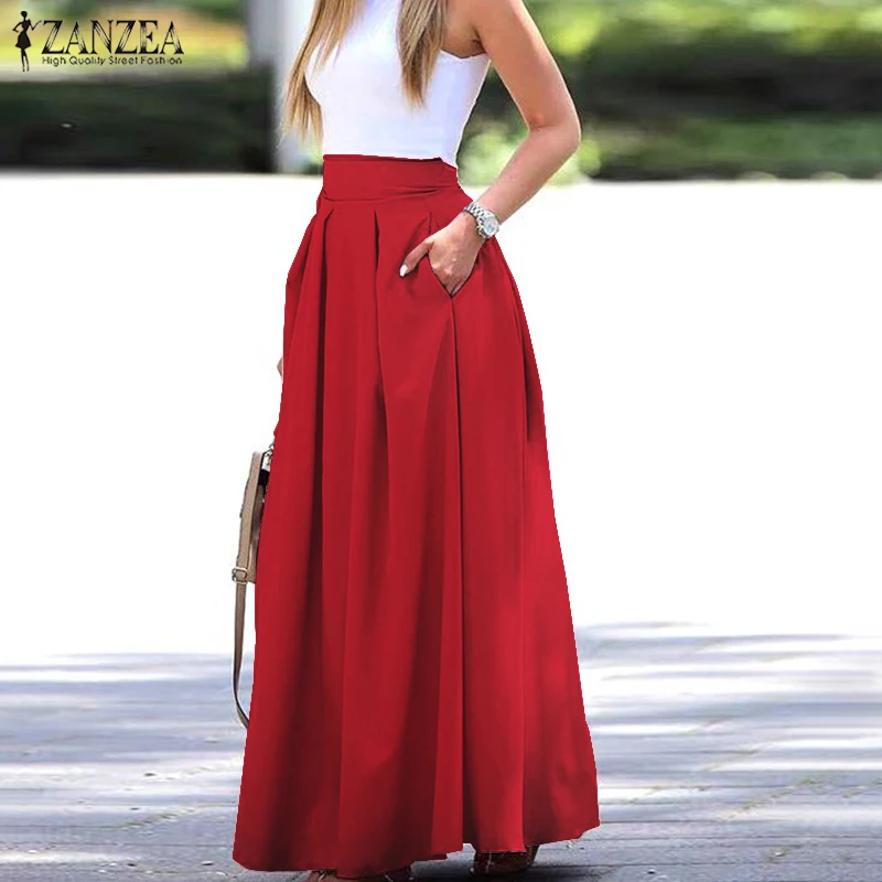 

ZANZEA 2022 Women Summer High Waist Long Skirts Skirts Casual Elegant Pleated Faldas Saia upe Maxi Skirt Solid Work OL Skirt J