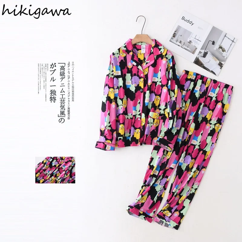 Hikigawa женская пижама осень-зима с длинным рукавом и принтом удобная мягкая ночная