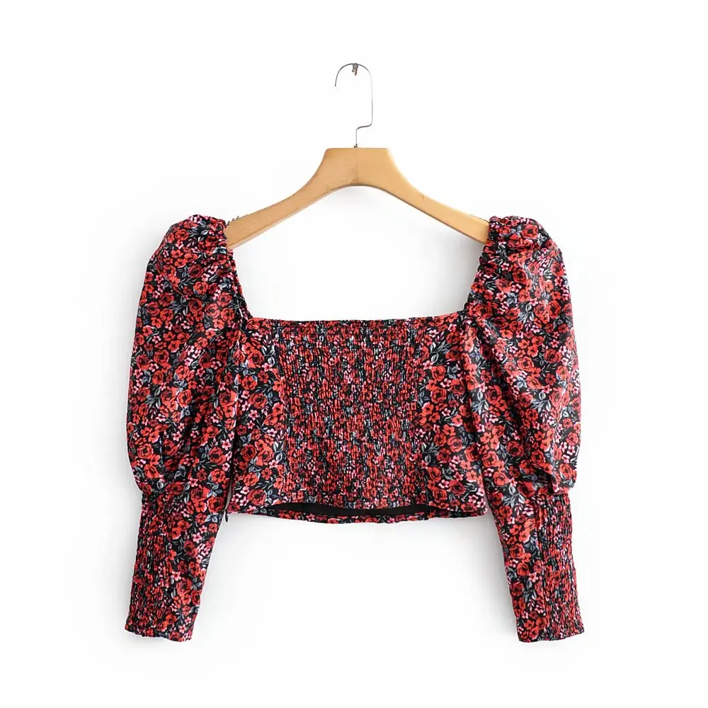 

YICIYA Women Retro Floral Print Crop Top V Neck Puff Plus Size Sleeve Stretchy Short Blouse Female Vintage Chic Shirt Blusa 2021
