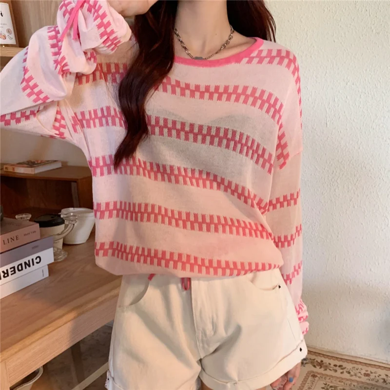 

Pink Striped Ice Silk Long Sleeve Thin