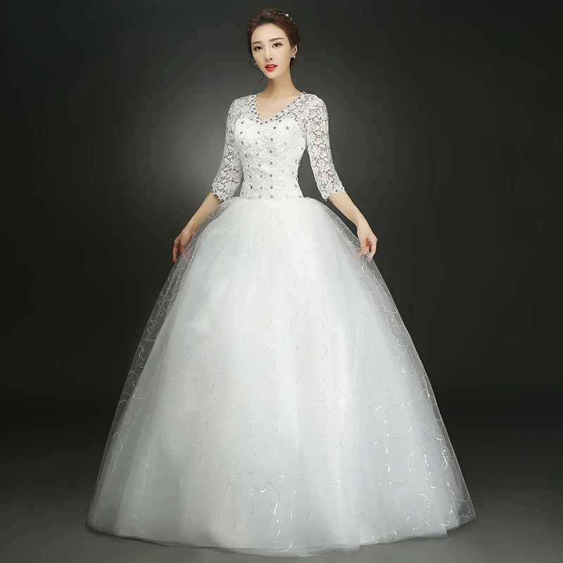 AnXin SH beauty white flower lace wedding dress princess v neck beading crystal half sleeve red | Свадьбы и торжества
