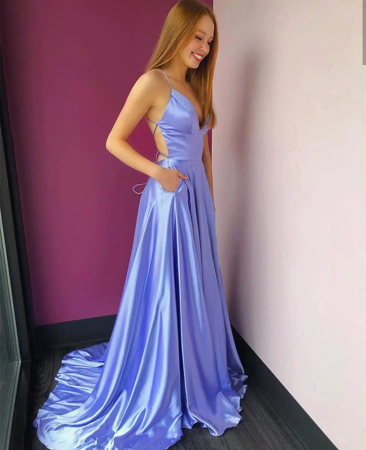 

2020 simple prom dress backless a-line pleat satin slit side slit sleeveless with pocket dresses woman party night vestidos de