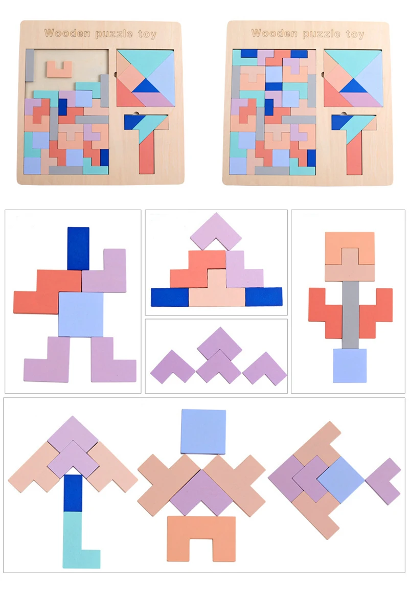 

Bloacks Preschool Children Play Training Educational Intellectual Toy Wooden Tangram Jigsaw Brain Tetris Game Puzzle Kid Toys