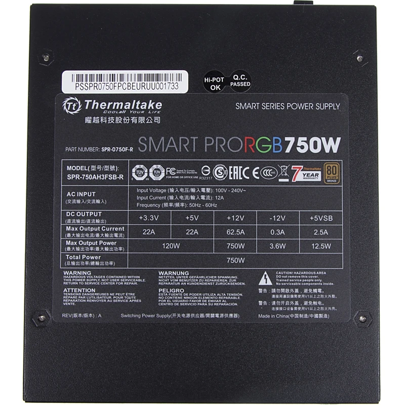 Блок питания Thermaltake ATX 750W SMART PRO RGB 80+ bronze (24+4+4pin) APFC 140mm fan color LED 9xSA | Электроника