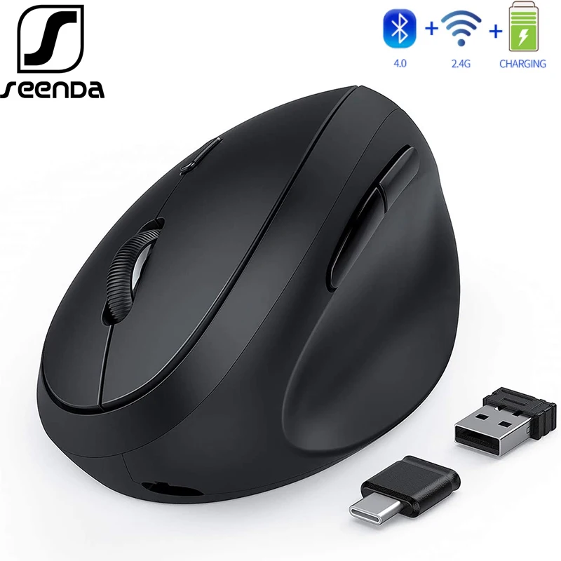 Вертикальная мышь SeenDa беспроводная, перезаряжаемая, Bluetooth, 2,4 ГГц, USB и Type-c, бесшумная компьютерная мышь для ноутбуков MacBook - изображение