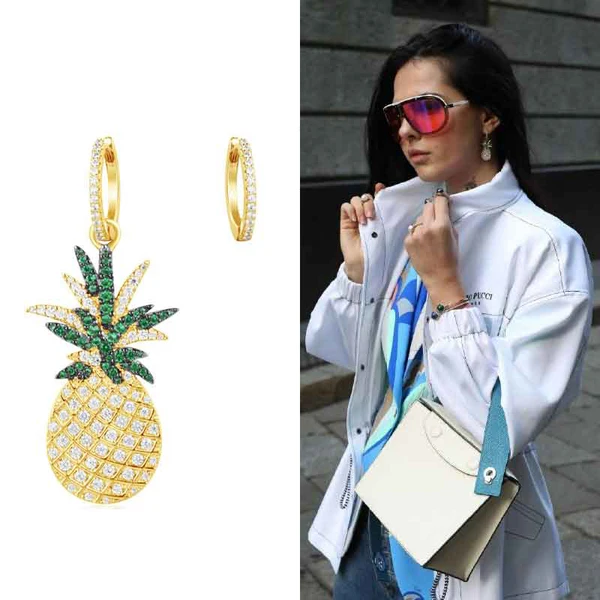 Pineapple Высокое качество Новая мода Асимметричные серьги-кольца Изысканные проложить AAA+ циркониевые кристаллы фрукты Радужная Подвеска Серьги для женщин - Окраска металла: Pineapple
