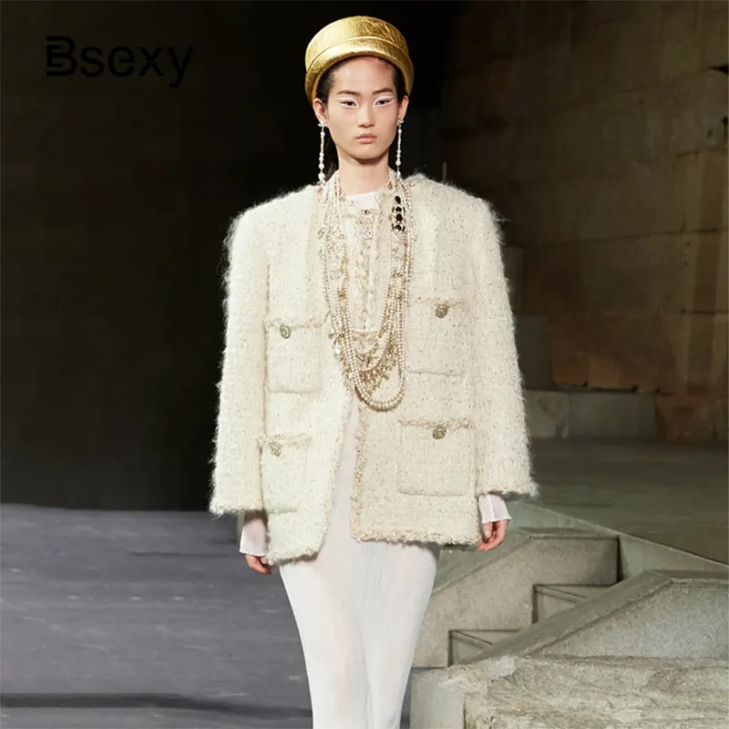 Высокое качество подиумная Женская твидовая куртка 2019 осень зима элегантные