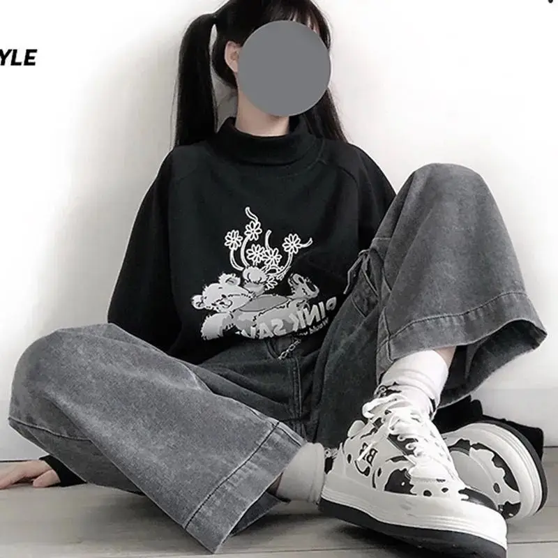 

2022 Spring Women's Korean Version Of the large Size Fat mm Wide LegJeans HighWaist Student loose Wild Casual StraightTrouser