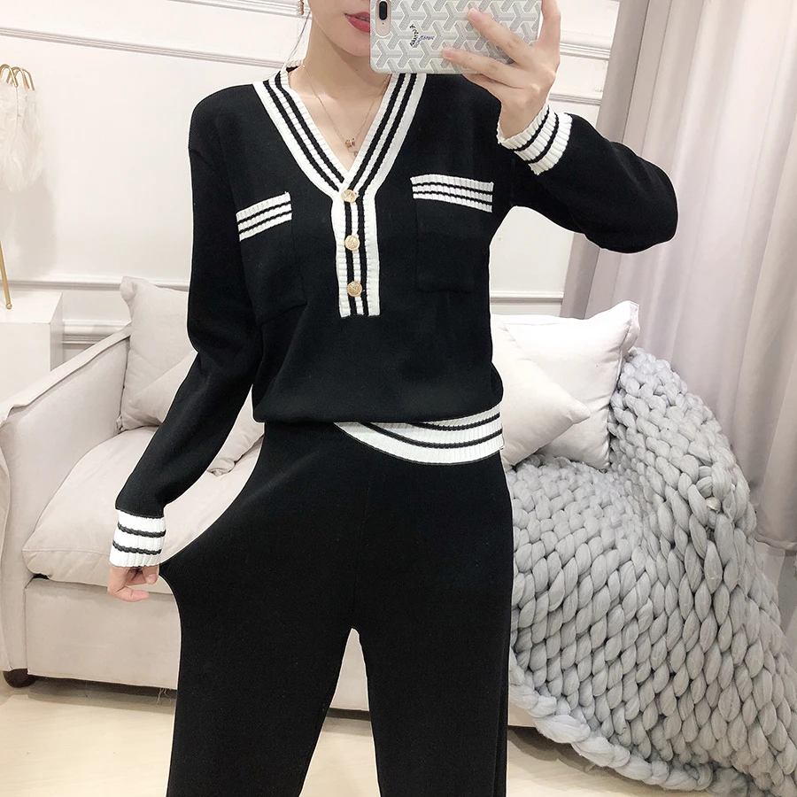 

2021 New Fashion Knitting Female Sweater Pants For Women Two Piece Set Knitted Pullover V-neck Long SleeveTop Wide Leg Pants