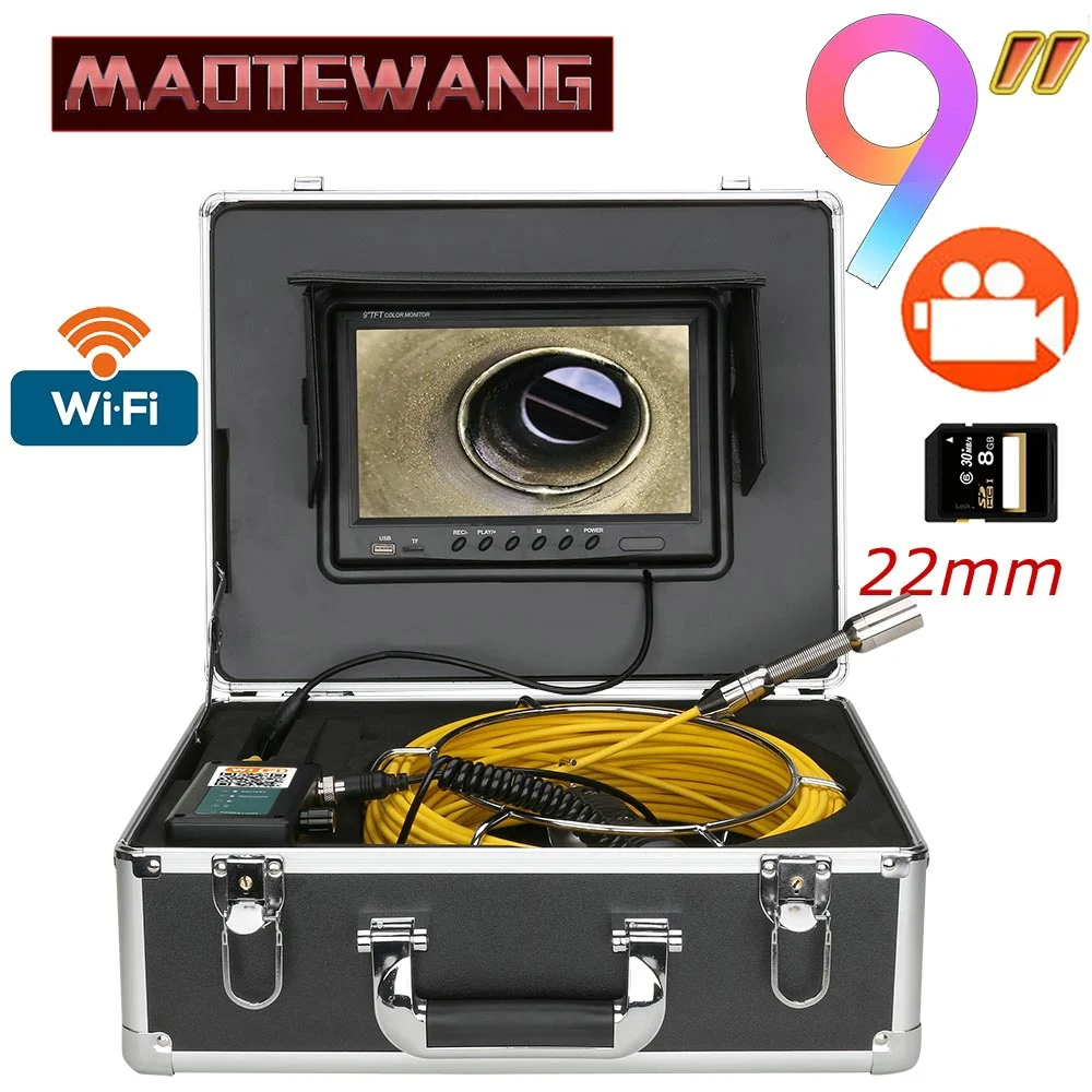 

9" Monitor 30/40/50M Pipe Inspection Video Camera, WiFi Wireless DVR HD1000TVL Drain Sewer Pipeline Industrial Endoscope System