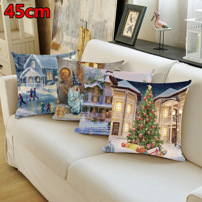 

1X Рождественская наволочка с принтом в стиле ретро, с подсветкой, Рождественская елка, лось, снег, узор, наволочка для подушки, декоративная ...