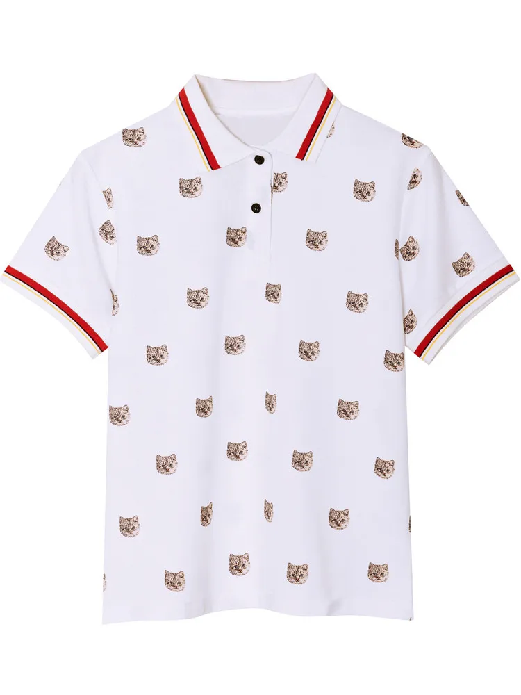 

Women Summer White Slim Cat Print Polo T-Shirt Female Fashion High-Quality Plus Size Tees Ladies Brand Sweet Casual Tops ZM275