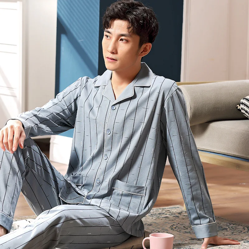 Пижама Мужская в полоску хлопок длинный рукав кардиган Элегантный Бытовой