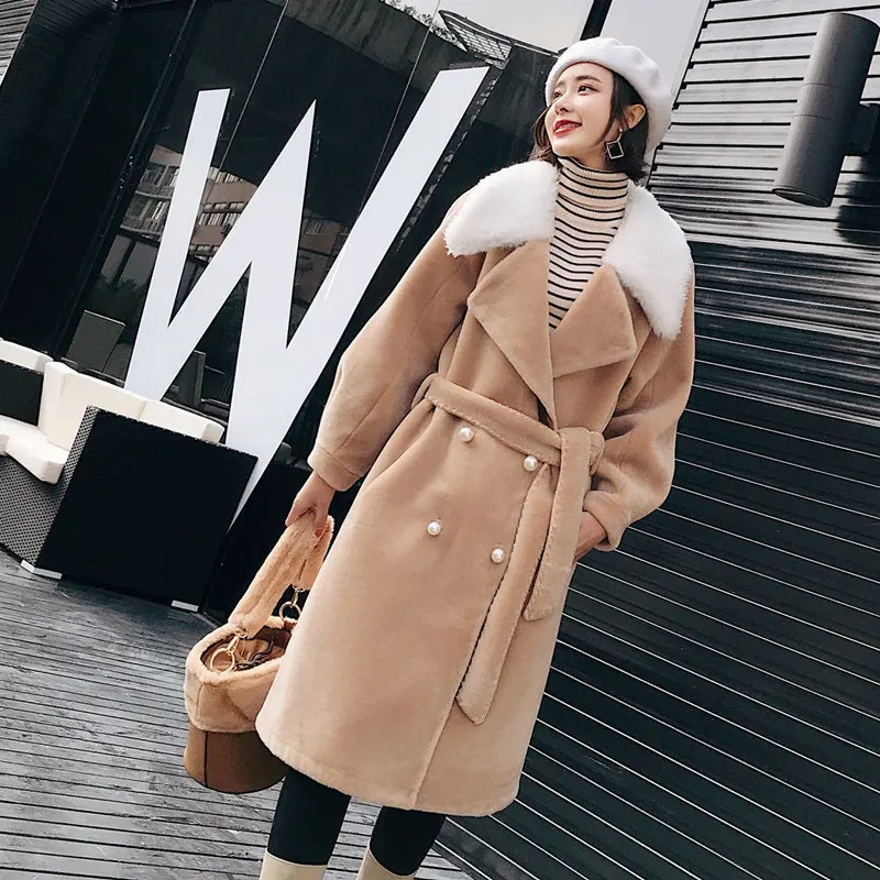 Настоящее высшее качество 2020 шерстяное пальто с мехом женские поясом толстые