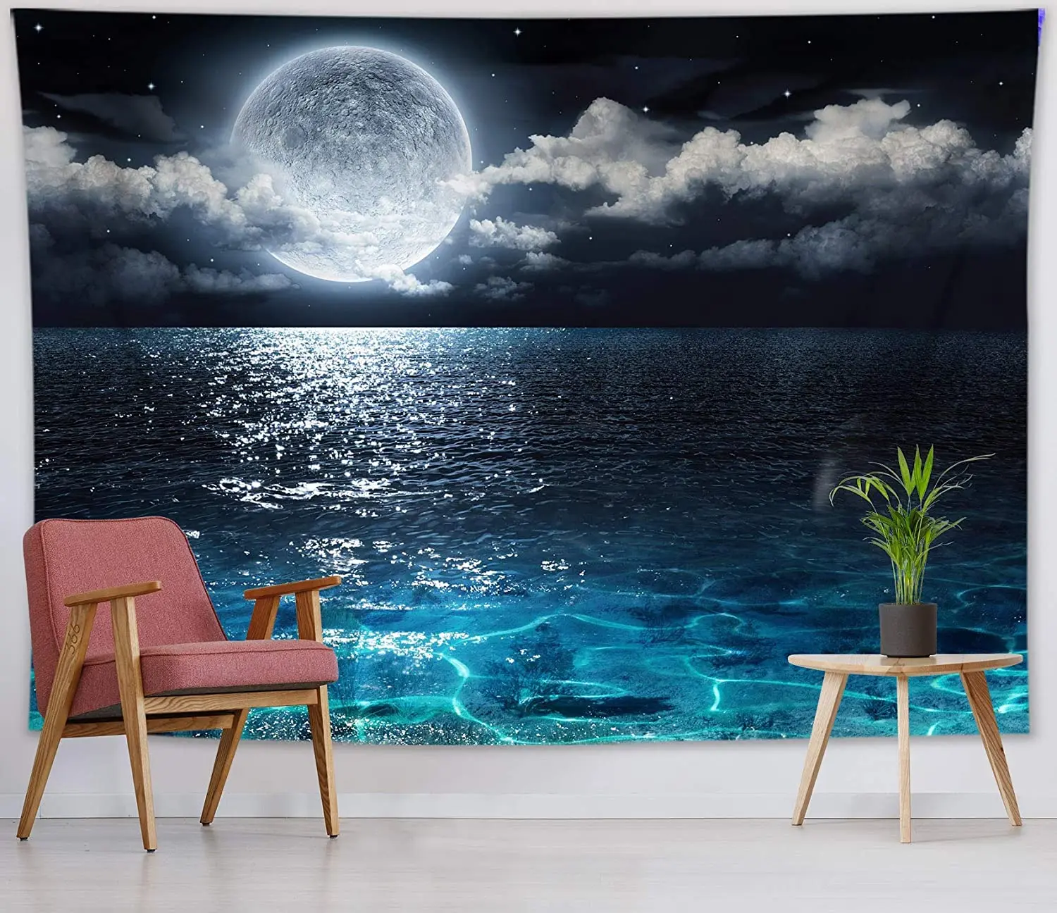 

2022 Night Sky Tapestry Full Moon And Foggy Clouds Hippie Tapestry Wall Hanging For Bedroom Livingroom Dorm 90X70 Inch Dark Blue