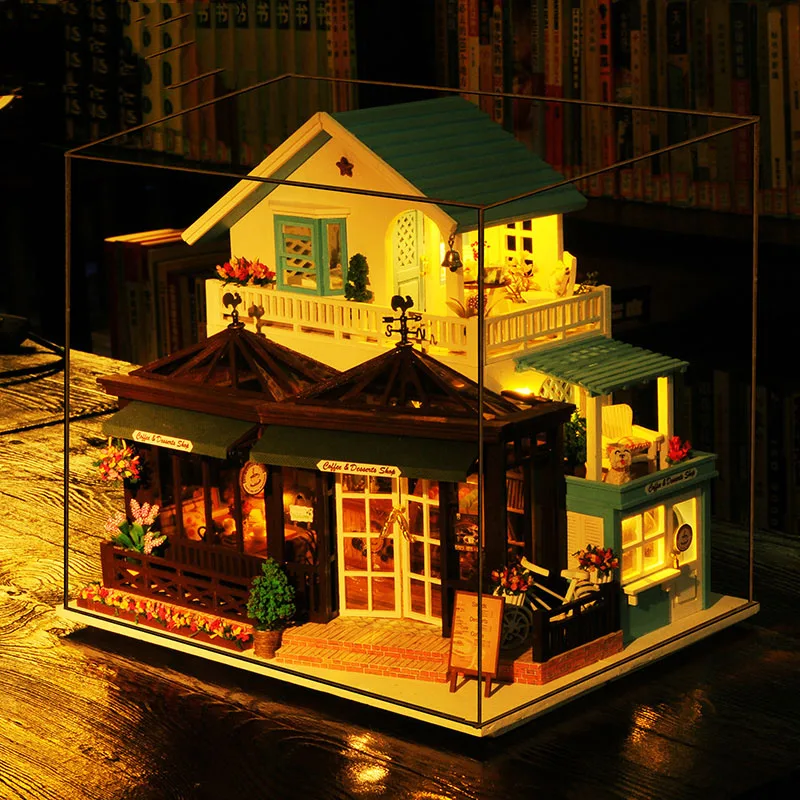 

Large Coffee Wooden Doll House Manual Assembling Model Toys Diy Wooden Hut House With Led Light Music Small Tools Birthday Gift