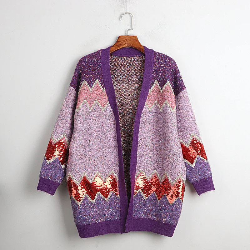 Блестящий Полосатый Фиолетовый кардиган для женщин свободные длинные кимоно 2020