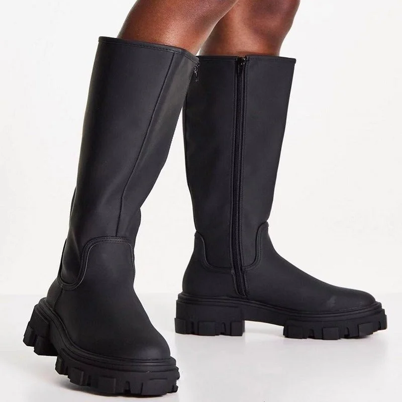 

2021 Hot Ladies Chunky Heels PU White Black Boots Fashion Thick Bottom Round Toe Women Boots Casual Platform Shoes Botas Demujer