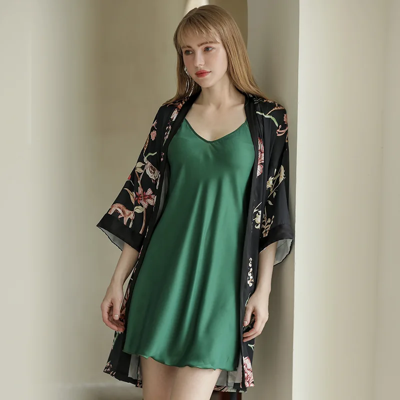 

3/4 Sleeve Women Print 2PCS Robe Sets Sexy Sling Nightdress Kimono Bathrobe Loose Lounge Sleepwear Summer Lingerie Home Dress