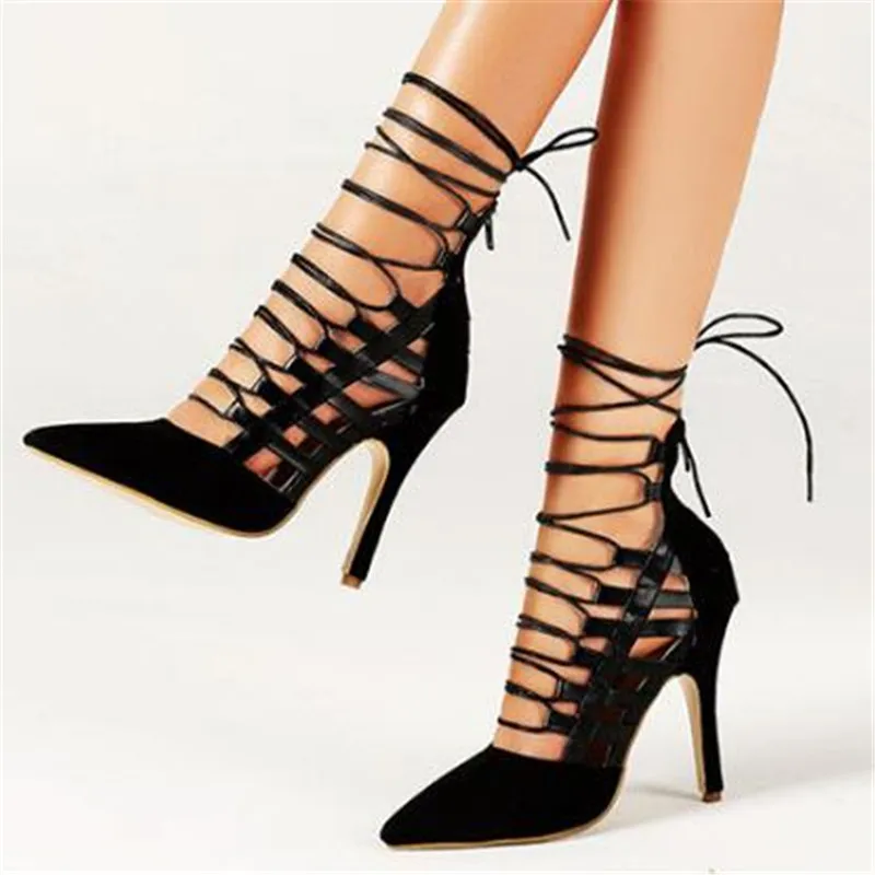 

Сандалии-гладиаторы женские на высоком каблуке, пикантные босоножки с острым носком, перекрестной шнуровкой и ремешком на щиколотке, модна...