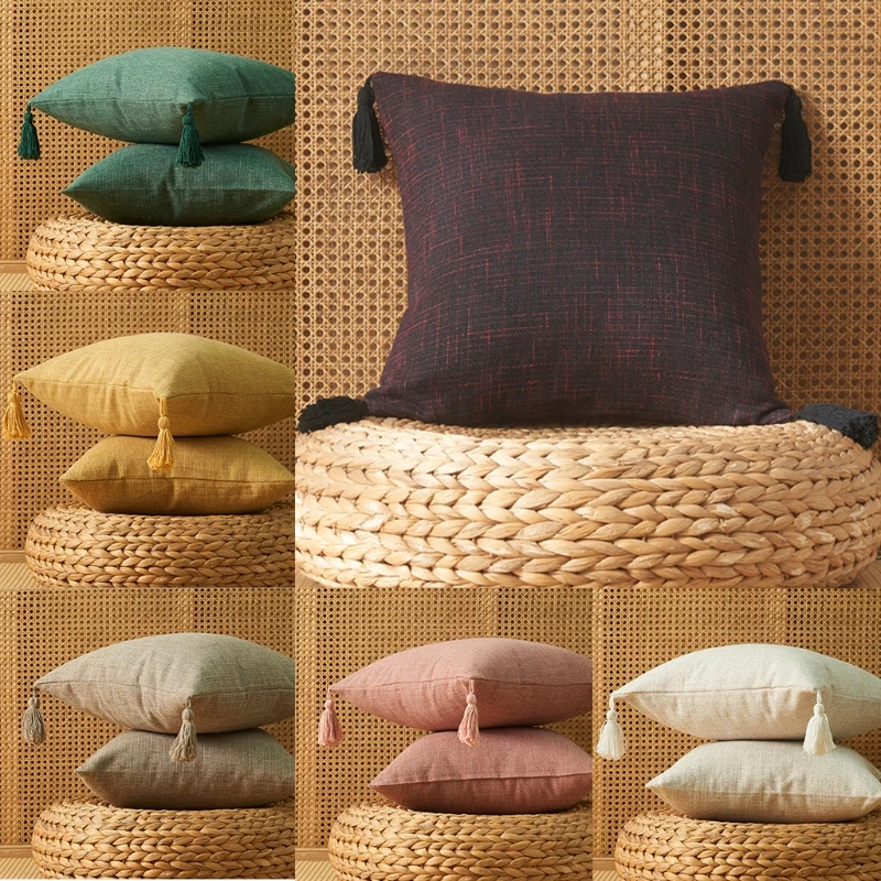 

Solid Color Cotton Linen Tassel Cushion Pillow Cover Handmade Throw Pillow Covers Home Decor Backrest Cushion Case for Sofa F19B