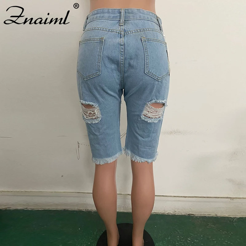 

Znaiml High Waist Slim Denim Shorts Bermuda Plus Size Woman New Ripped Hole Five-point Denim Shorts Washed Sexy Female Summer